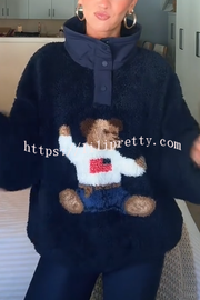 American Retro Polo Bear Pattern Stand Button Neck Long Sleeve Fleece Pullover