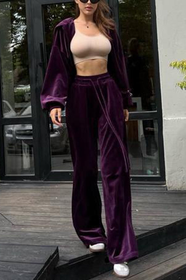 Velvet Casual Zip-up Hooded Top and Elastic Waist Wide Leg Pants Set