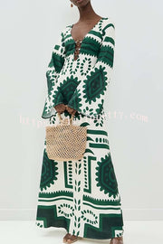 Holiday Fashion Unique Print Front Center Hollow Ring Long Sleeve Maxi Dress