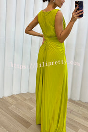 Lilipretty Pretty Special Pleated Embellished Slit Evening Maxi Dress