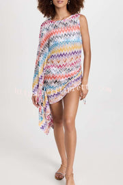 Arloe Knit Colorful Zigzag Pattern Asymmetric Flare Sleeve Ruched Tie-up Mini Dress