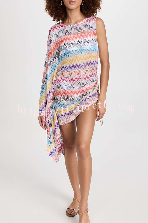 Arloe Knit Colorful Zigzag Pattern Asymmetric Flare Sleeve Ruched Tie-up Mini Dress