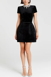 Regan Luxurious Velvet Jewel-encrusted Turtleneck Short Sleeve Pocket Tulip Mini Dress