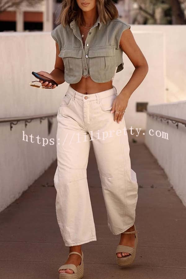 Stylish Weekend Denim Button Up Cape Sleeve Pocket Crop Top