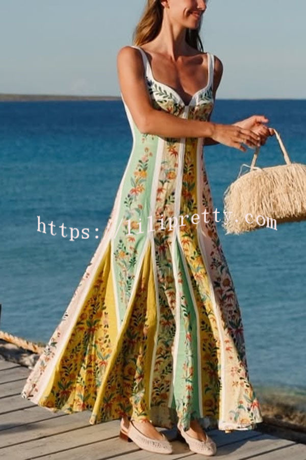 Sweet Garden Linen Blend Color Block Floral Paneled Maxi Dress