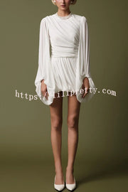 Solid Color Round Neck Lantern Long Sleeve Pleated Casual Mini Dress