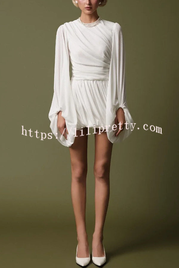 Solid Color Round Neck Lantern Long Sleeve Pleated Casual Mini Dress