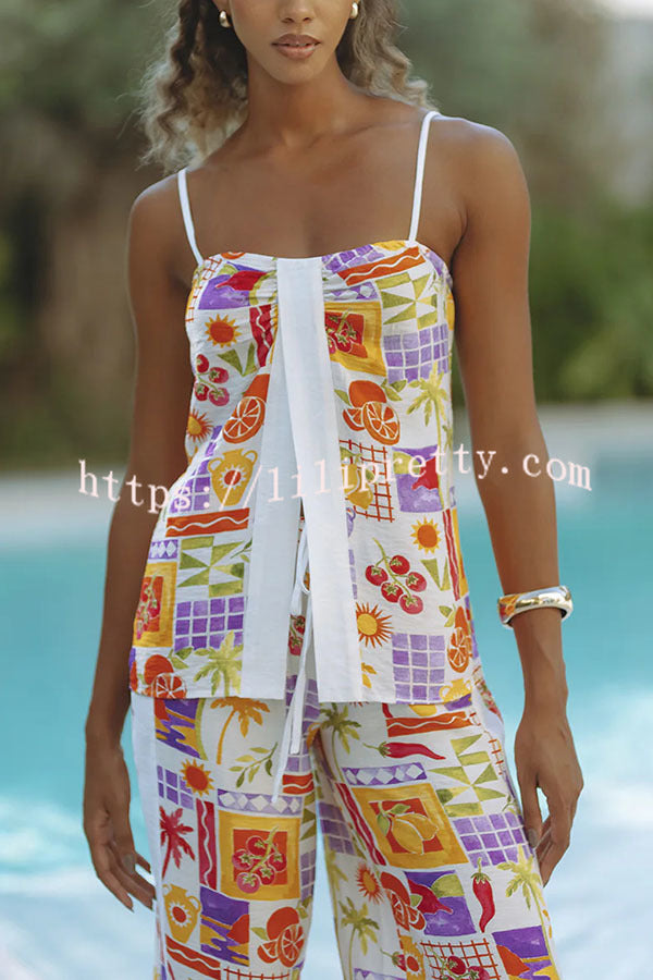 Katri Unique Print Front Slit Tank and Elastic Waist Pocket Wide Leg Pants Set