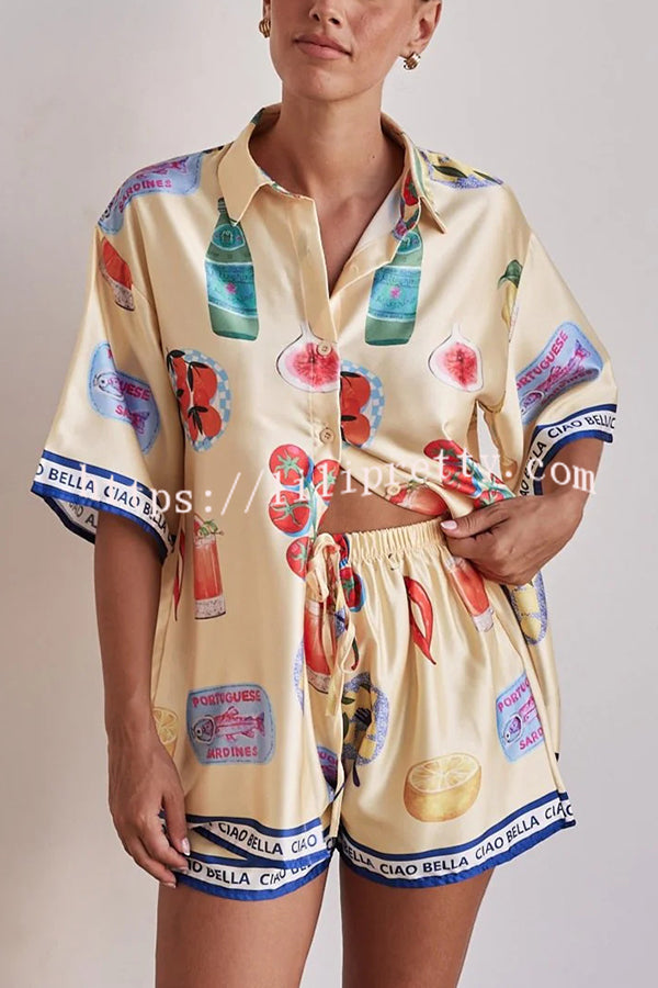 Satin Unique Print Lapel Short Sleeve Loose Shirt and Elastic Waist Drawstring Shorts Set