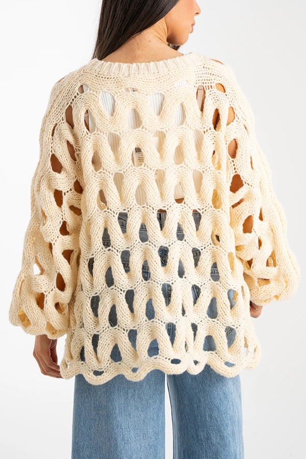 Solid Color Casual Hollow Long-sleeved Holiday Knitted Sweater
