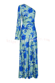 Satin Botanical Print One-Sleeve Resort Maxi Dress