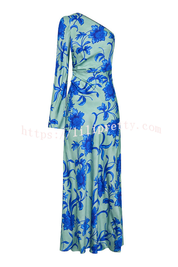 Satin Botanical Print One-Sleeve Resort Maxi Dress