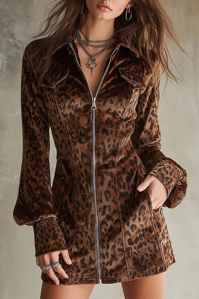 Stylish Leopard Print Suede Collar Zip-up Long-sleeved Slim-fit Mini Dress