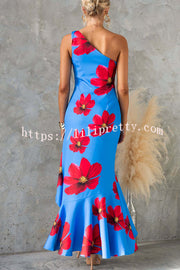 Stunning Muse Floral Print One Shoulder Irregular Ruffles Slit Maxi Dress