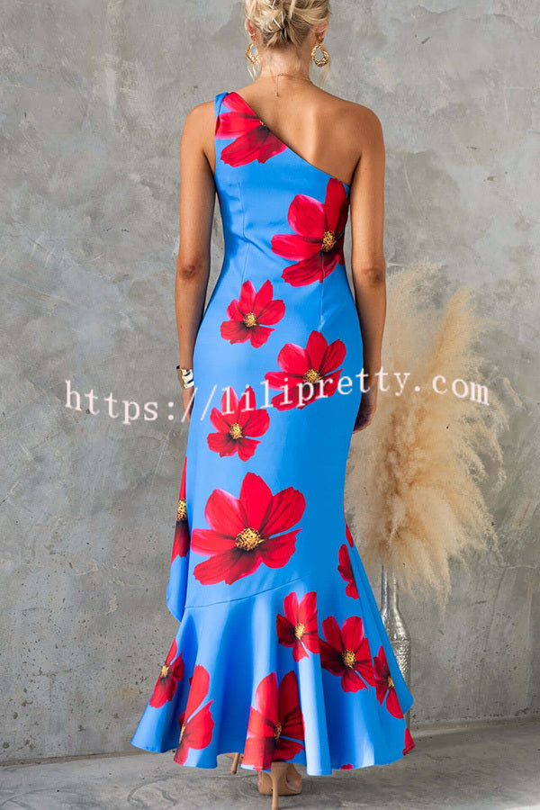 Stunning Muse Floral Print One Shoulder Irregular Ruffles Slit Maxi Dress