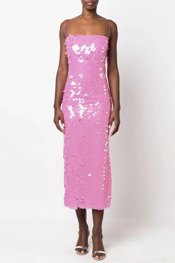 Sexy Sequined Halter-neck Backless Slim Fit Slit Midi Dress