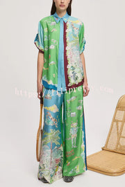 Unique Printed Lapel Short-sleeved Loose Shirt and Elastic Waist Tie Wide-leg Pants Set