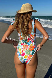 Lilipretty® Tropical Sands Floral Unique Print Tie-up Shoulder Stretch One-piece Swimsuit
