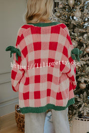Holiday Cozy Checkered Knit Color-blocked Plaid Bow Long-sleeved Cardigan
