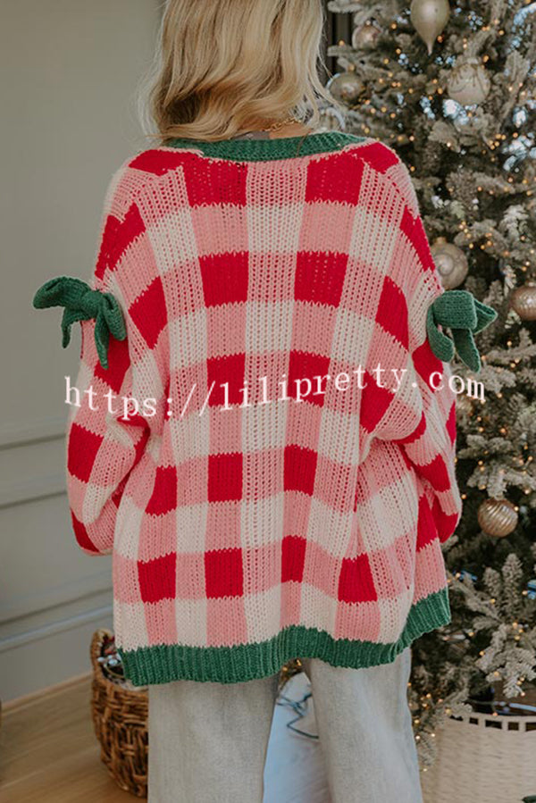 Holiday Cozy Checkered Knit Color-blocked Plaid Bow Long-sleeved Cardigan