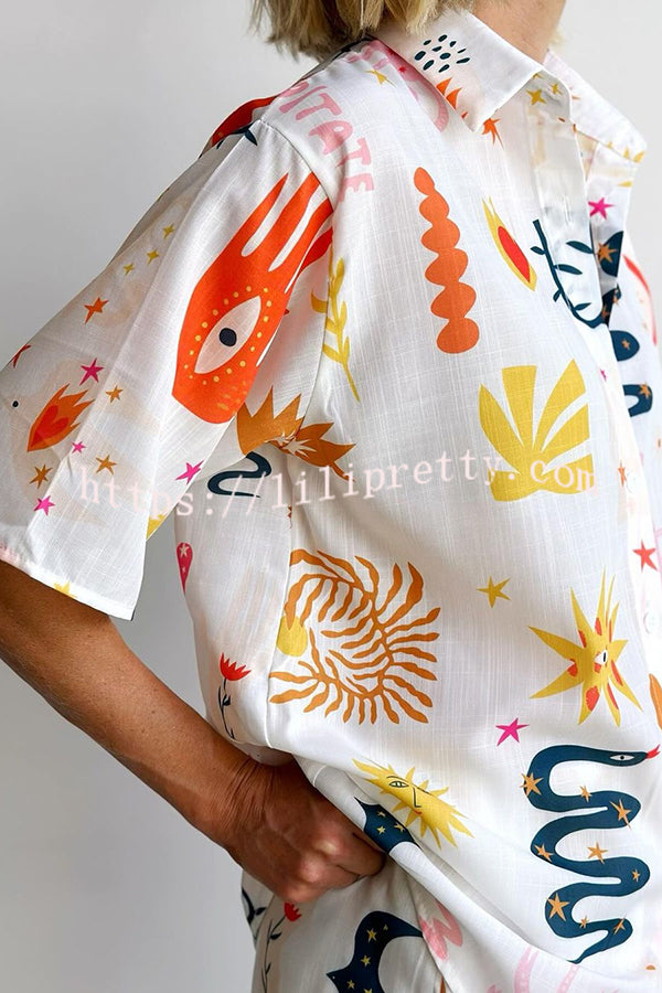 Lilipretty® Sunday Mornings Unique Print Short Sleeve Top and Elastic Waist Loose Shorts Set