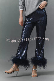 New Year Eve Sequin Feather Trim High Rise Back Zipper Flare Pants