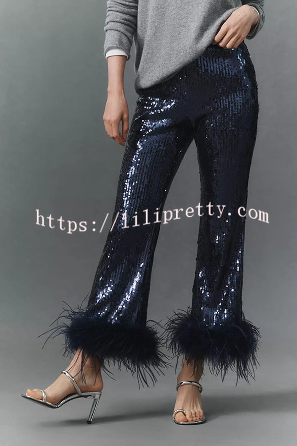 New Year Eve Sequin Feather Trim High Rise Back Zipper Flare Pants