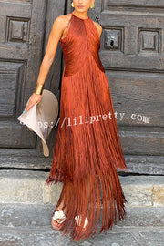 Fashion Sleeveless Halter Neck Elegant Tassel Slim Maxi Dress