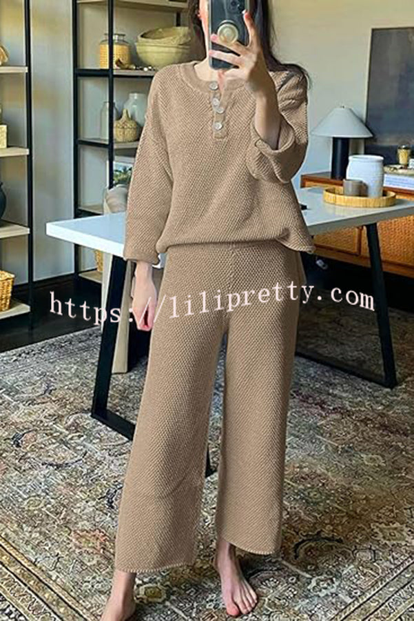 Heather Hailey Solid Color Casual Button V Neck Top and Pant Two Piece Set