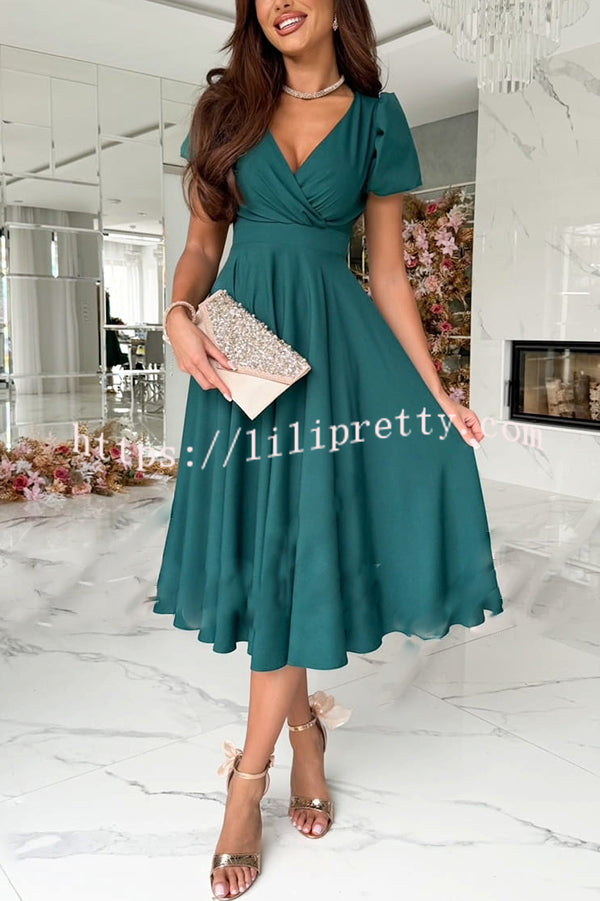 Zayla Solid Color Puff Sleeve V-neck Waist Slim Fit Midi Dress