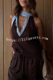 Sunday Social Contrast Color Satin Lace Trim Neck Strap Loose Tank