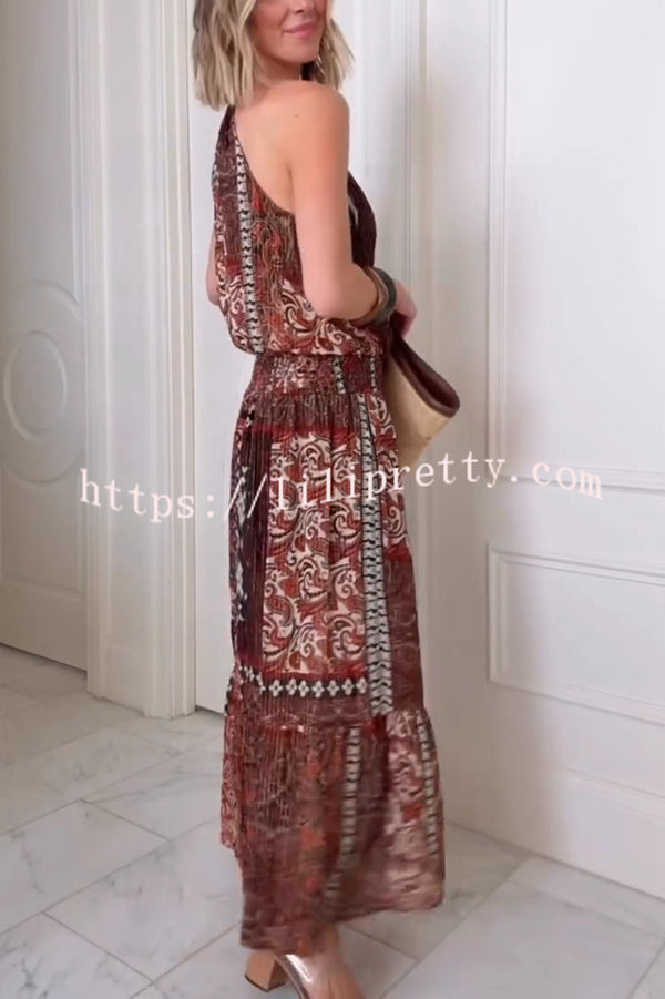 Ethnic Boho Colorblock Print Elastic Waist Resort Style Maxi Dress