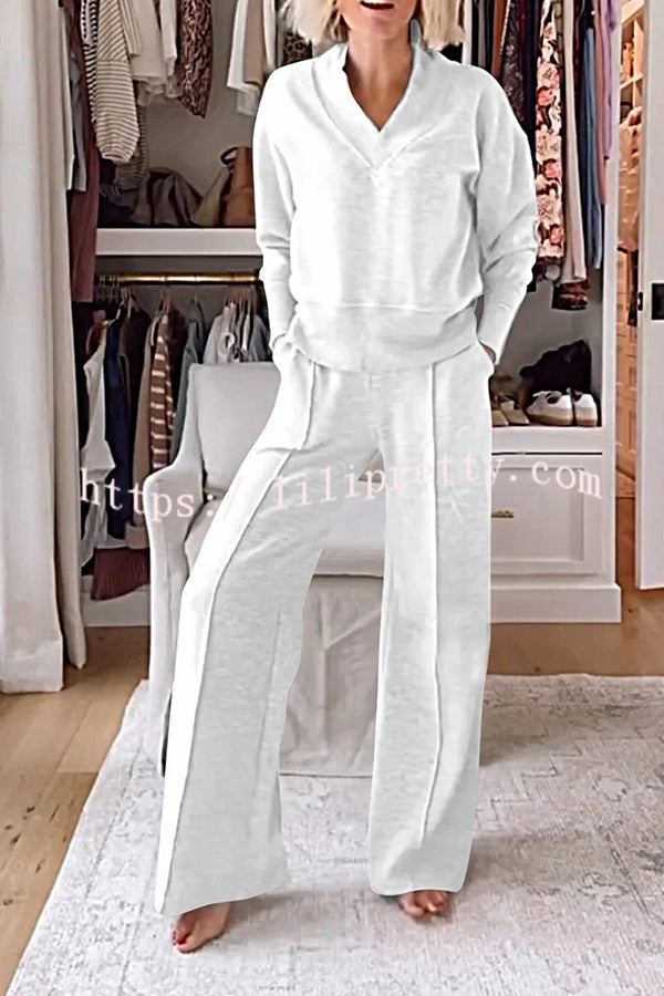 Weather Gets Cold Solid Color V-neck Top and Elastic Waist Pocketed Lounge Pants Set