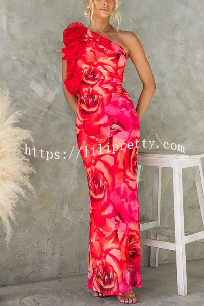 Floral Print Sleeveless 3D Flower One Shoulder Slim Maxi Dress