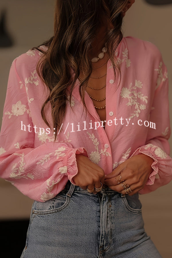 Floral Embroidery Long-Sleeved Button-Up Elegant Shirt