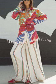 Elouise Satin Color Block Art Print Long Sleeve Button Back Elastic Waist H-line Mini Dress