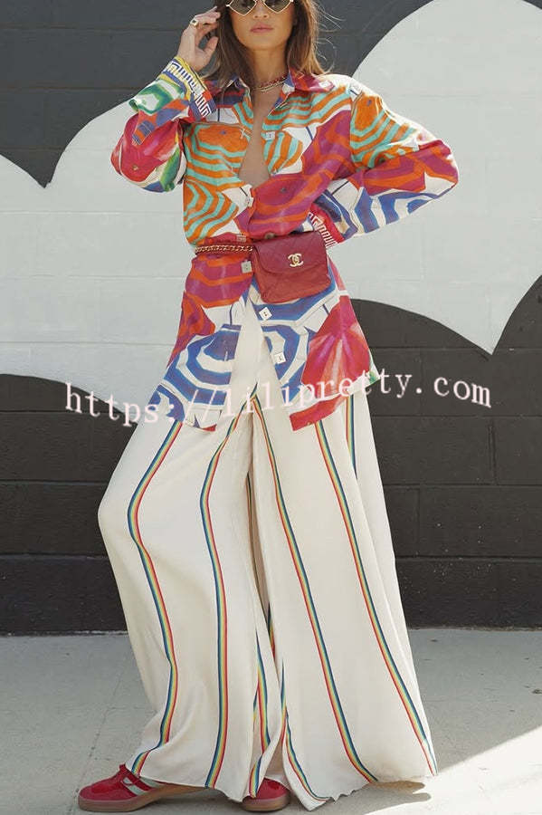 Elouise Satin Color Block Art Print Long Sleeve Button Back Elastic Waist H-line Mini Dress