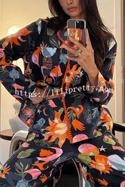 Evening Routine Unique Print Color-block Trim Loose Shirt and Elastic Waist Pocketed Pajama Set