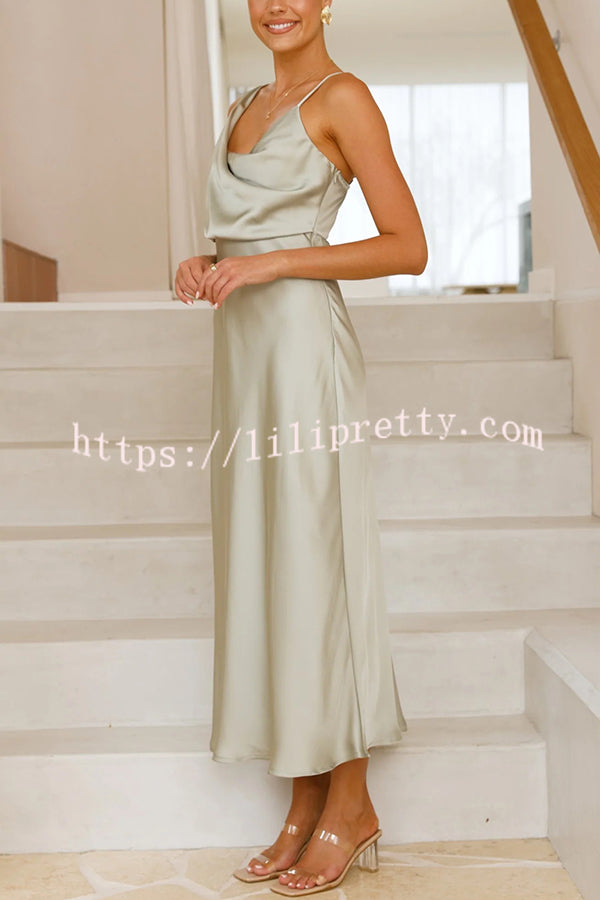 Satin Solid Color Elegant Sling Waist Open Back Maxi Dress