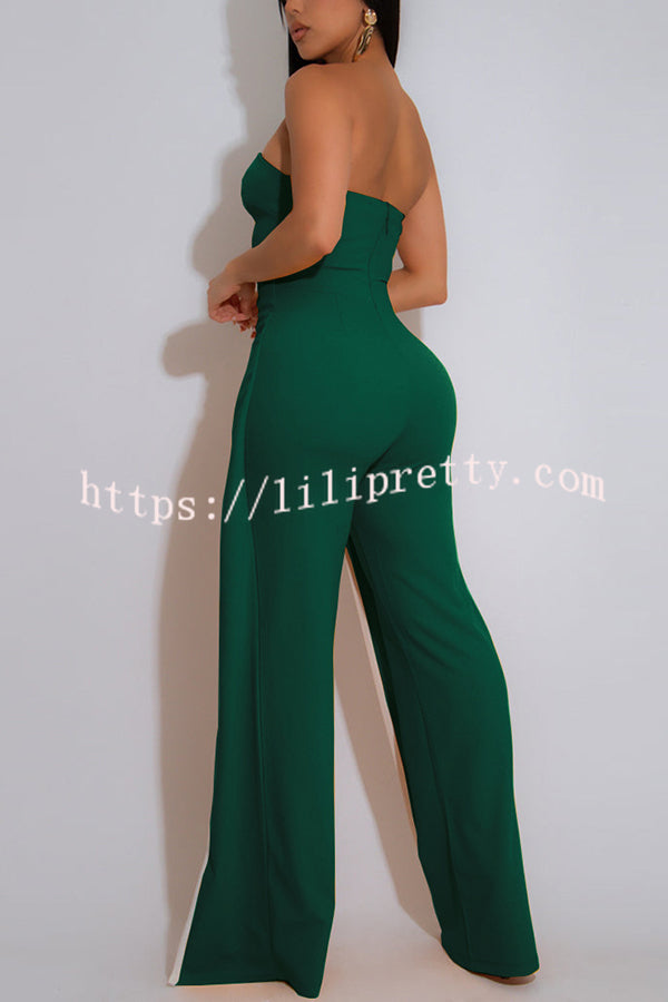 Fashionable Contrast Color Off-shoulder Metal Decoration Casual Elegant Jumpsuit
