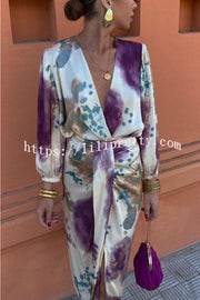 Lilipretty® Luxury Party Satin Tie-dye Print Draped Slit Midi Skirt