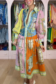 Unique Print Lapel Lantern Sleeve Single Breasted Tie Waist Midi Dress
