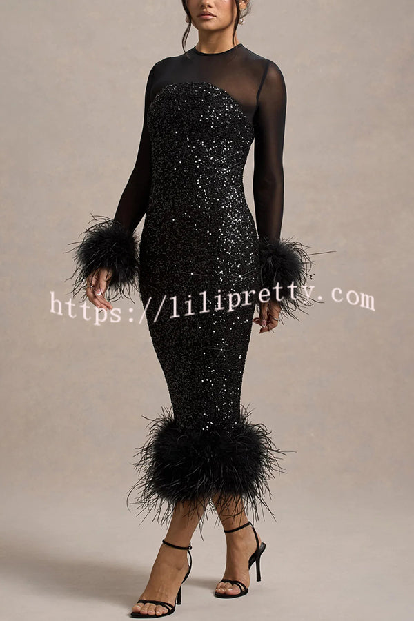 Glamor and Drama Mesh Sequin Patchwork Feather Trim Stretch Midi Dress