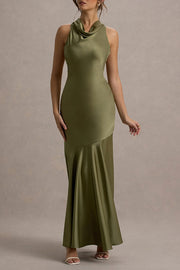 Timeless Sophistication Satin Cowl Detail Back Self-tie Halter Neck Maxi Dress