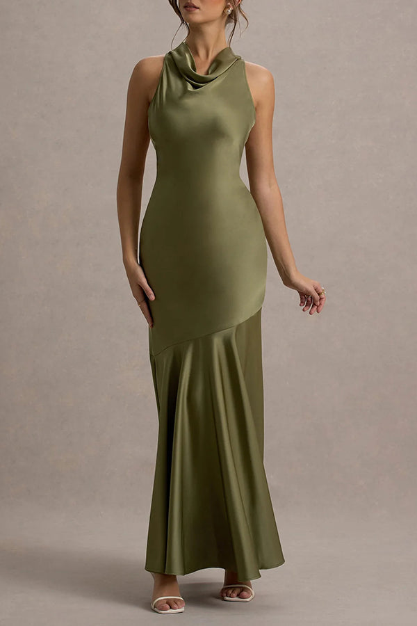 Timeless Sophistication Satin Cowl Detail Back Self-tie Halter Neck Maxi Dress