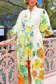 Summer Party Floral Print Balloon Sleeve Pocketed Belt Shirt Midi Dress