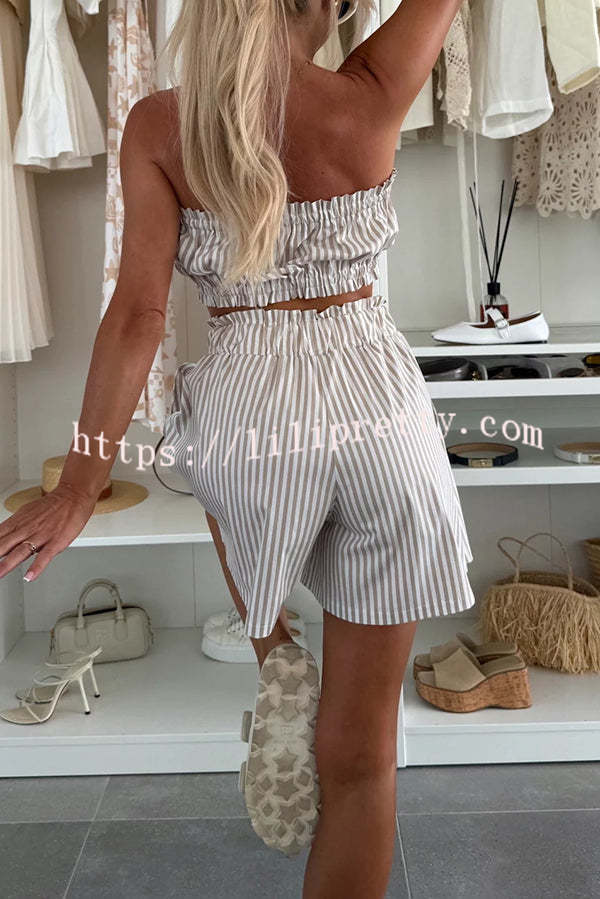 Zoie Striped Stretch Bandeau + Elastic Waist Pocket Shorts + Oversized Blouse 3 Pieces Set