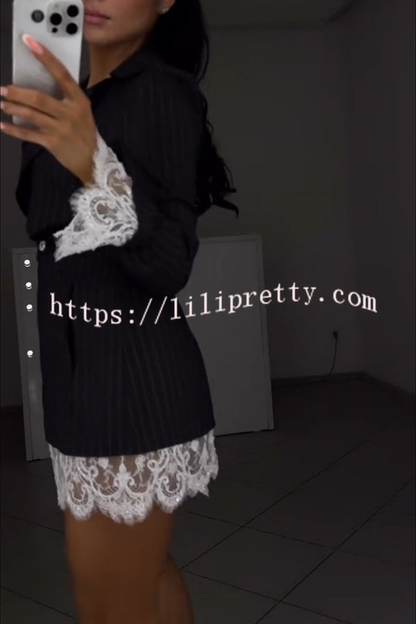 Merrin Striped Lace Trim Double-breasted Long Sleeve Lapel Blazer Mini Dress