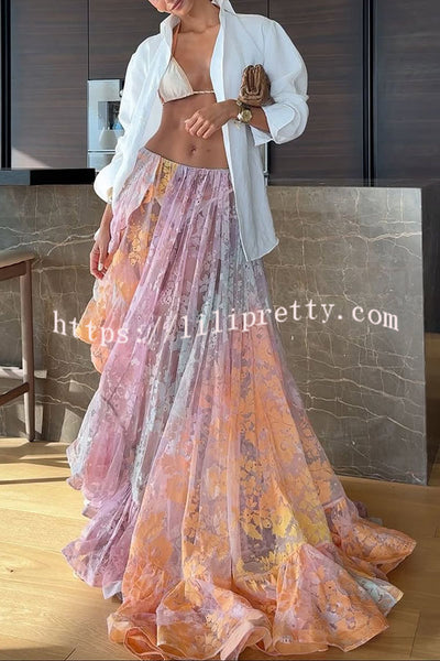 Tesley Lace Gradient Print Elastic Waist Irregular Ruffles Maxi Skirt