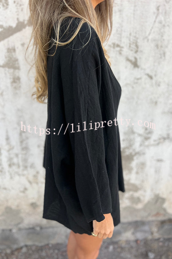 Solid Color V-neck Loose Long-sleeved Button Top